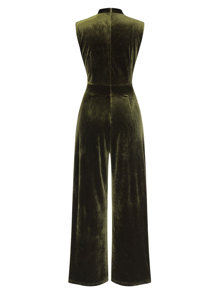 [Vorverkauf] Grün 1940er Krawattenhals Samt Jumpsuit