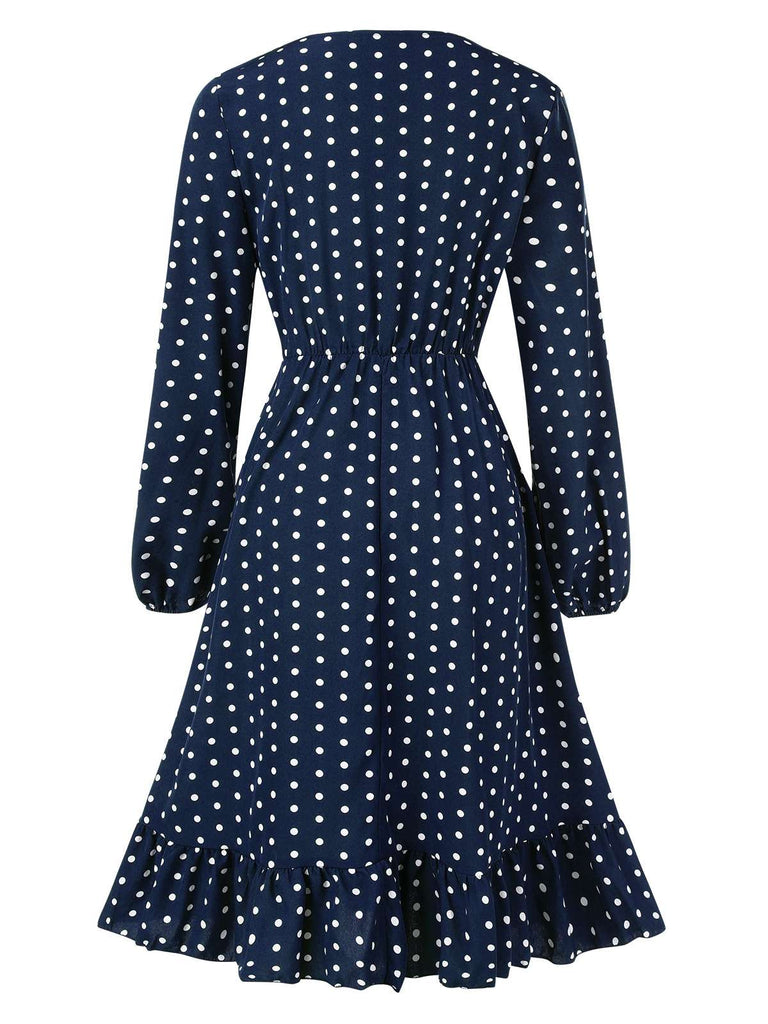 1940er Polka Dot Rüschensaum Lange Ärmel Kleid