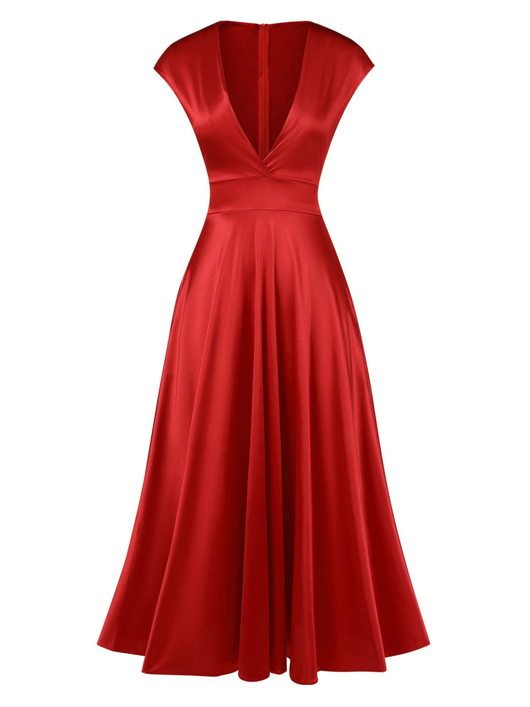 Grün 1950er Solide Tiefer V-Ausschnitt Satin Kleid