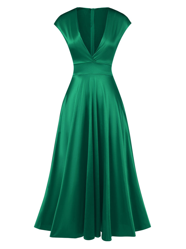 Grün 1950er Solide Tiefer V-Ausschnitt Satin Kleid