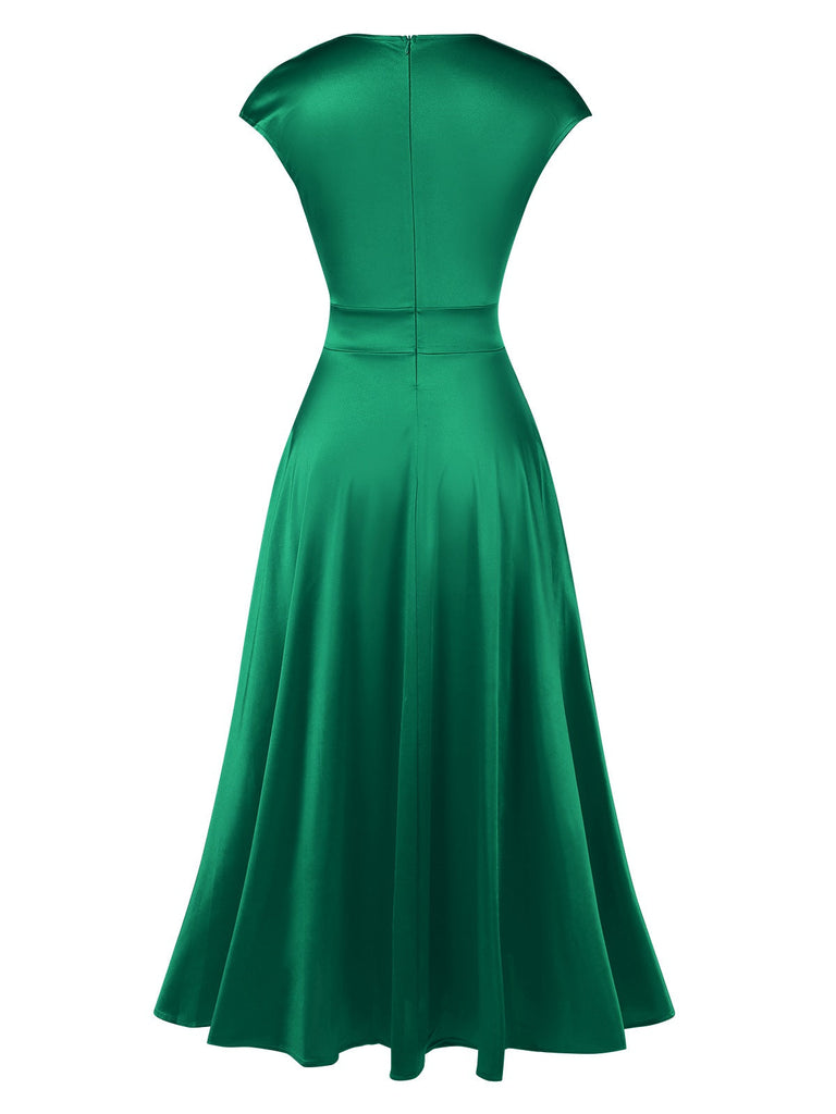 Grün 1950er Solide Tiefer V-Ausschnitt Satin Kleid