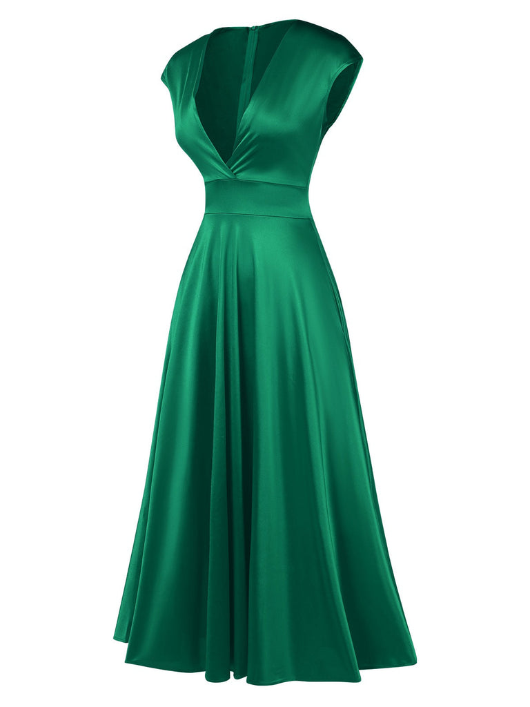 Grün 1950er Solide Tiefer V-Ausschnitt Satin Kleid