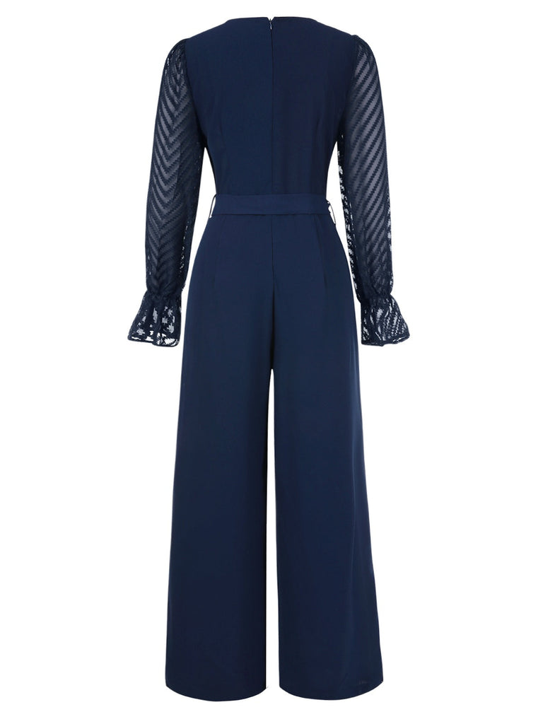 Blau 1960er Kurve Streifen Patchwork Jumpsuit