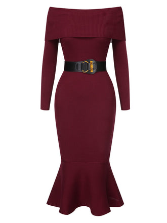 1930er Solide Schulterfrei Gestricktes Fischschwanzkleid mit Gürtel