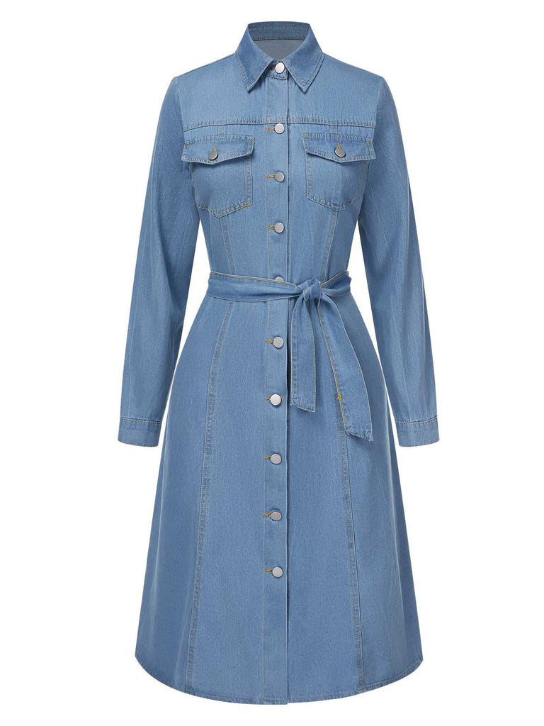 Hellblau 1940er Revers Denim Gürtel Kleid