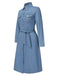 Hellblau 1940er Revers Denim Gürtel Kleid