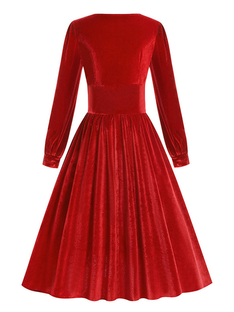 1950er Solide Quadratischer Hals Samt Kleid