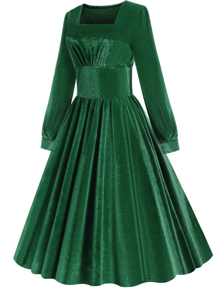 1950er Solide Quadratischer Hals Samt Kleid