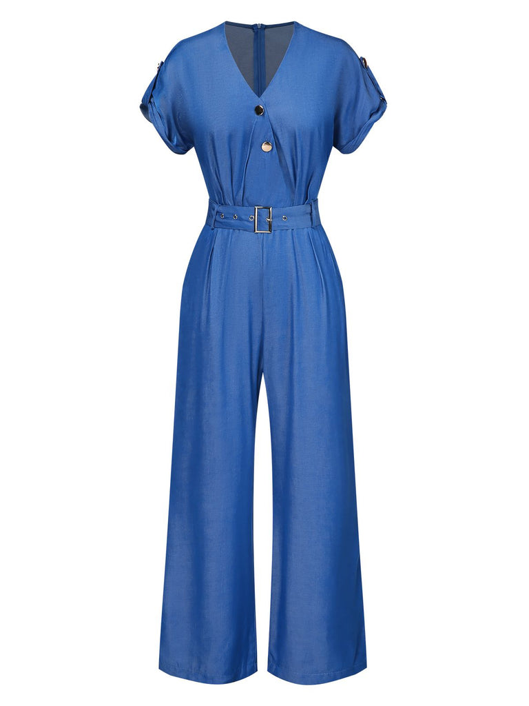 Blau 1970er V-Ausschnitt Solide Denim Jumpsuit