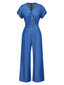 Blau 1970er V-Ausschnitt Solide Denim Jumpsuit