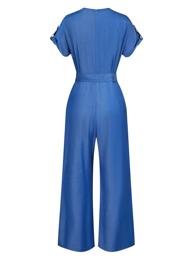 Blau 1970er V-Ausschnitt Solide Denim Jumpsuit