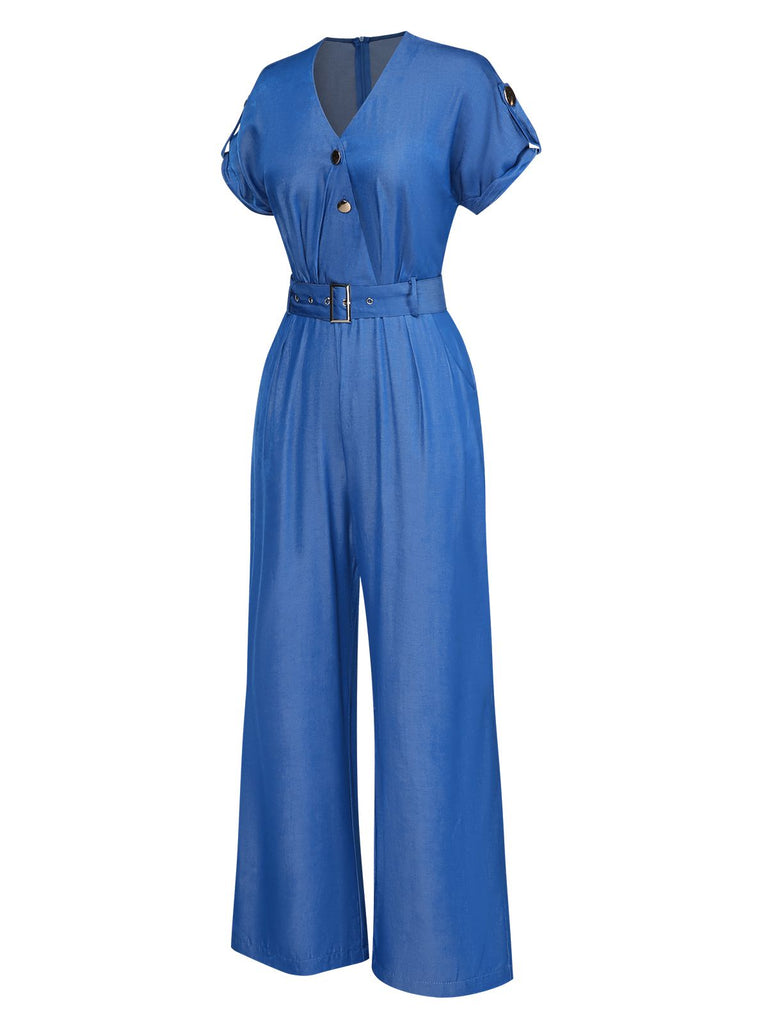 Blau 1970er V-Ausschnitt Solide Denim Jumpsuit