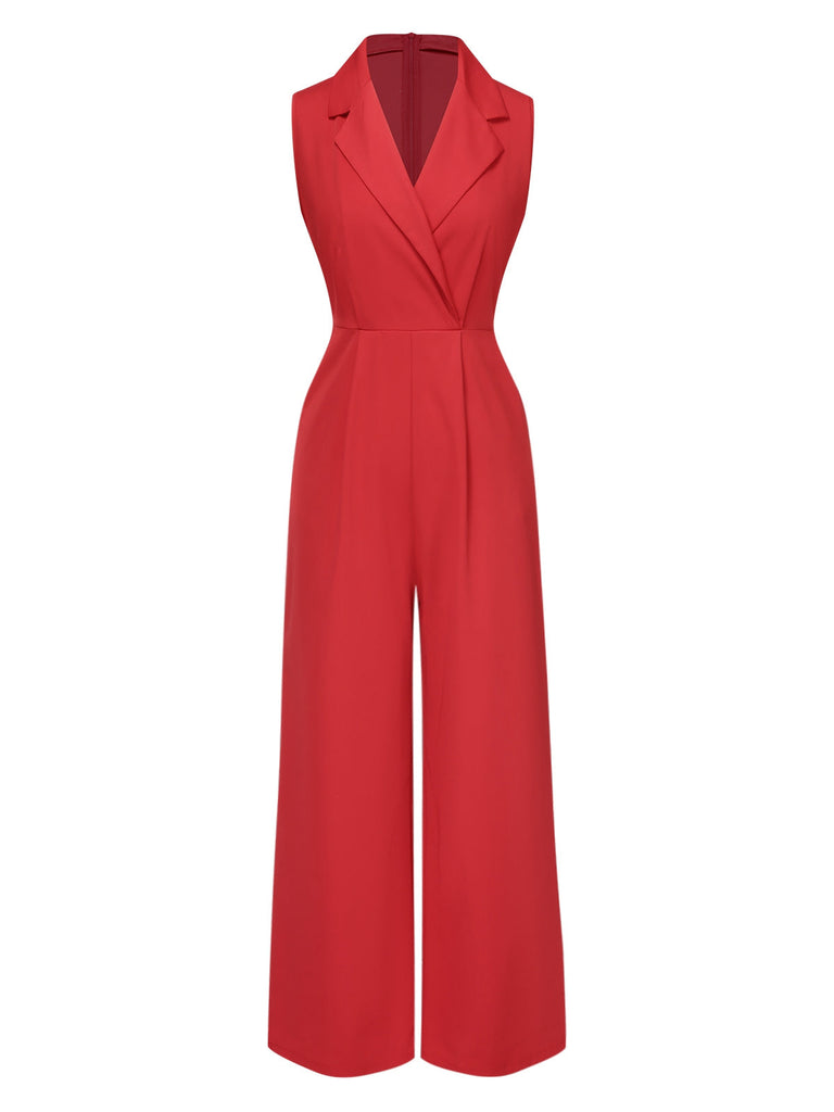 Rot 1930er Solide Revers Weites Bein Jumpsuit