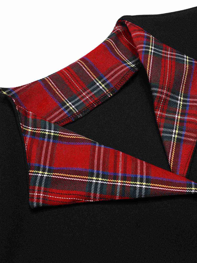 [Vorverkauf] Schwarz 1950er Tartan Plaid Patchwork Revers Mantel