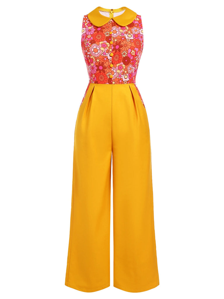 [Vorverkauf] Orange 1970er Karikatur Blumen Patchwork Jumpsuit