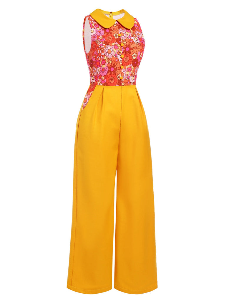 [Vorverkauf] Orange 1970er Karikatur Blumen Patchwork Jumpsuit