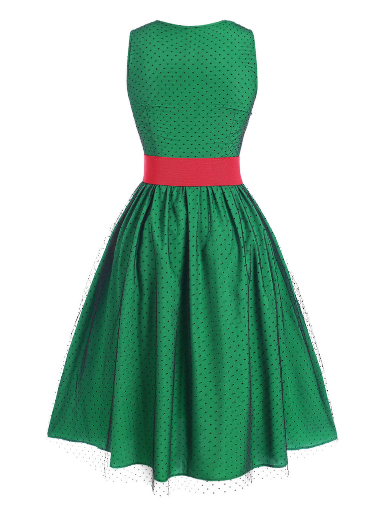 [Vorverkauf] Grün 1950er Polka Dot Masche Patchwork Kleid