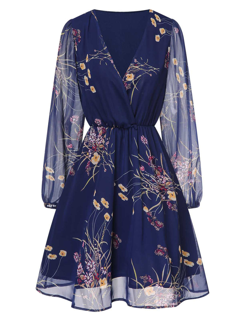 Dunkelblau 1940er V-Ausschnitt Blumen Puffärmel Kleid