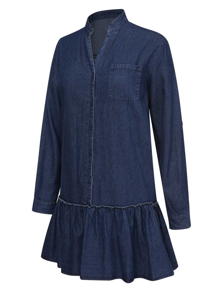 Dunkelblau 1940er Stehkragen Rüschen Denim Kleid