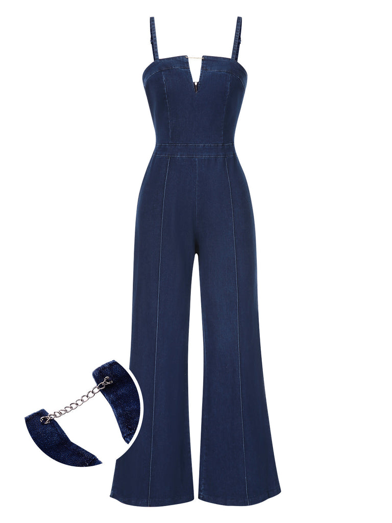 Blau 1970er Spaghetti Träger Baumwolle Denim Jumpsuit