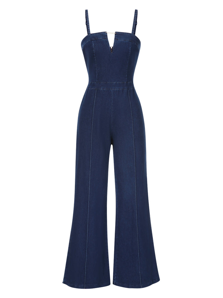 Blau 1970er Spaghetti Träger Baumwolle Denim Jumpsuit