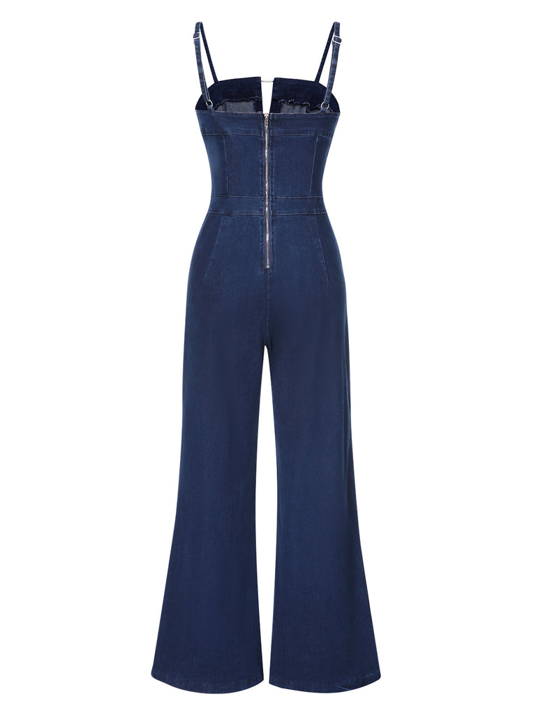 Blau 1970er Spaghetti Träger Baumwolle Denim Jumpsuit