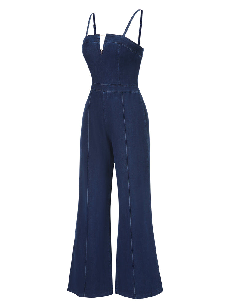 Blau 1970er Spaghetti Träger Baumwolle Denim Jumpsuit