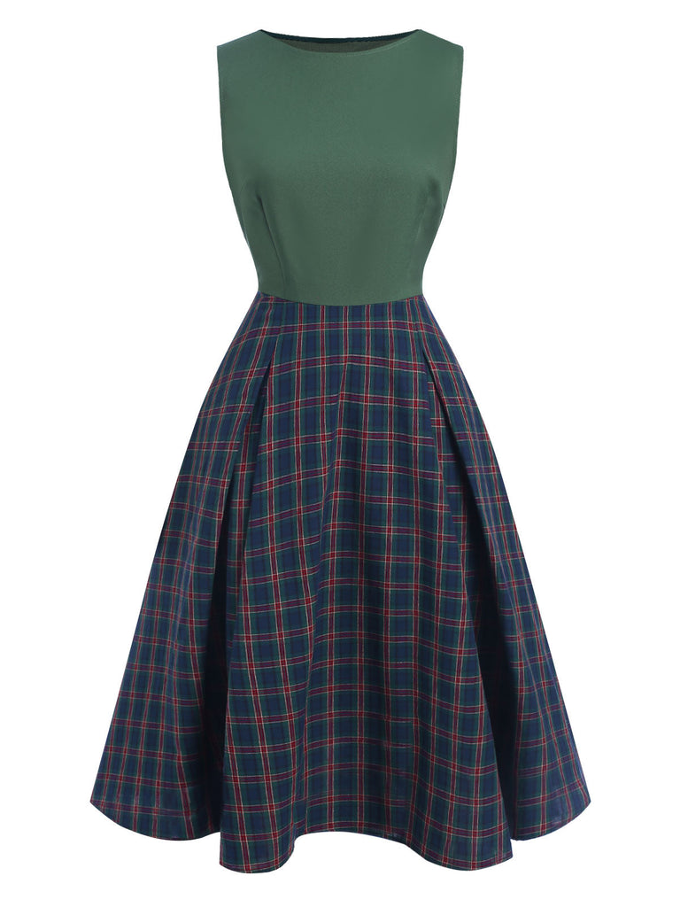 [Vorverkauf] Grün 1940er Plaids Patchwork Ärmellos Kleid