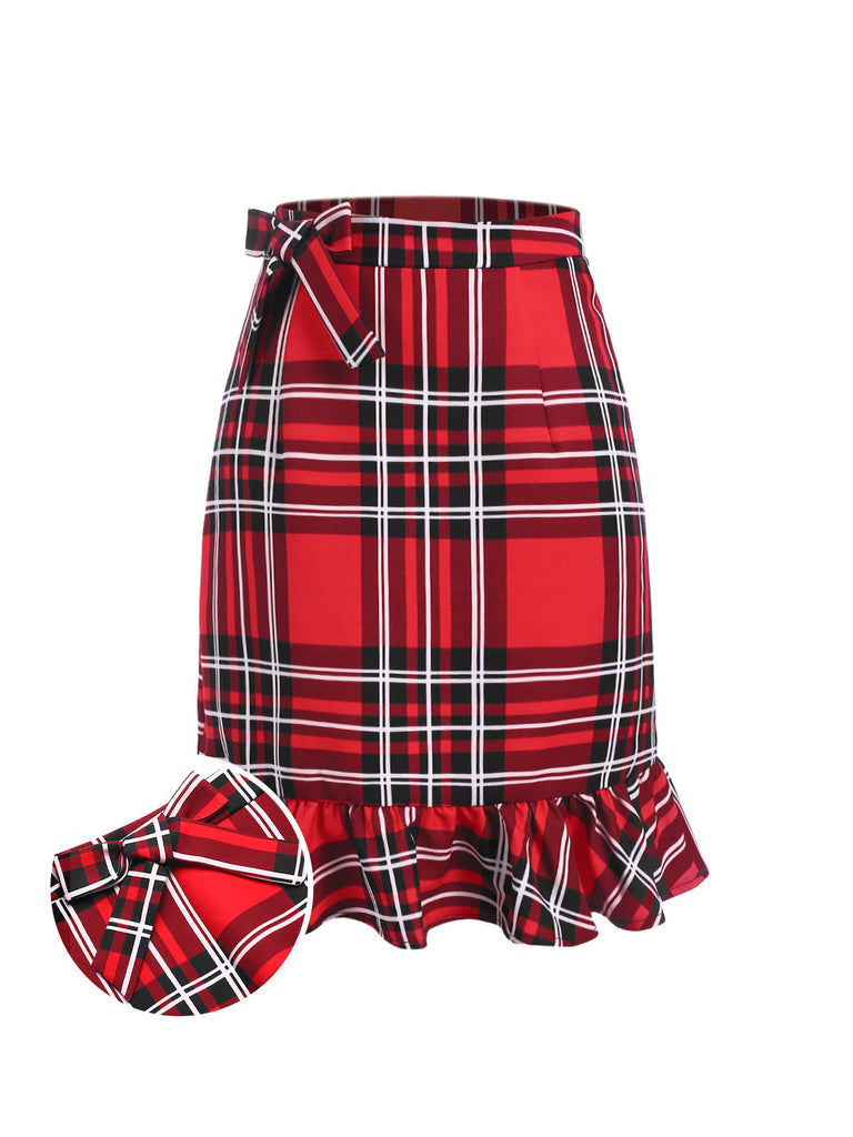 [Vorverkauf] Rot 1970er Tartan Plaids Bogen Rüschen Rock