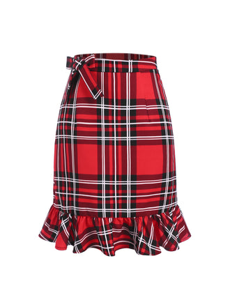 Rot 1970er Tartan Plaids Bogen Rüschen Rock
