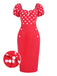 [Vorverkauf] Rot 1960er Polka Dots Knöpfen Puffärmel Kleid