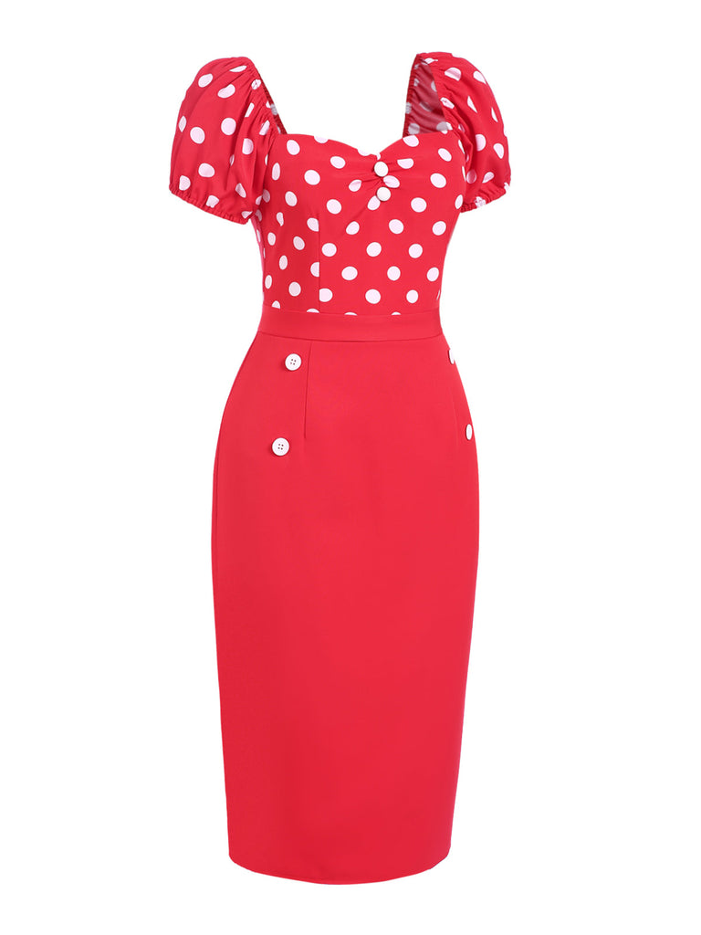 [Vorverkauf] Rot 1960er Polka Dots Knöpfen Puffärmel Kleid