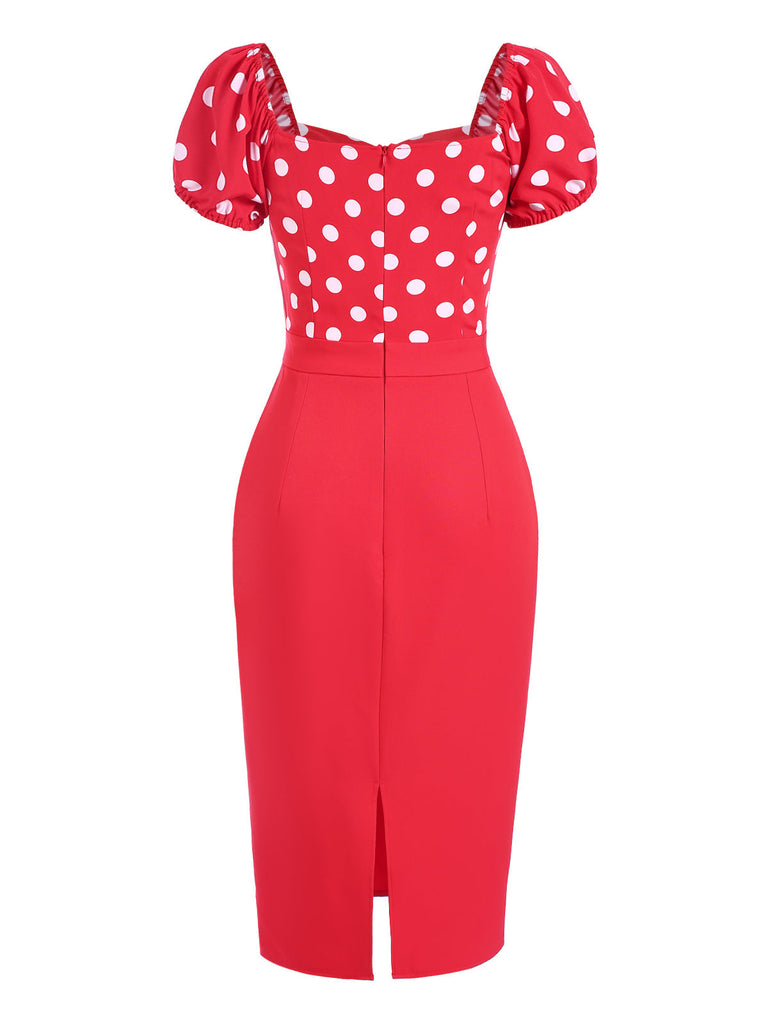 [Vorverkauf] Rot 1960er Polka Dots Knöpfen Puffärmel Kleid