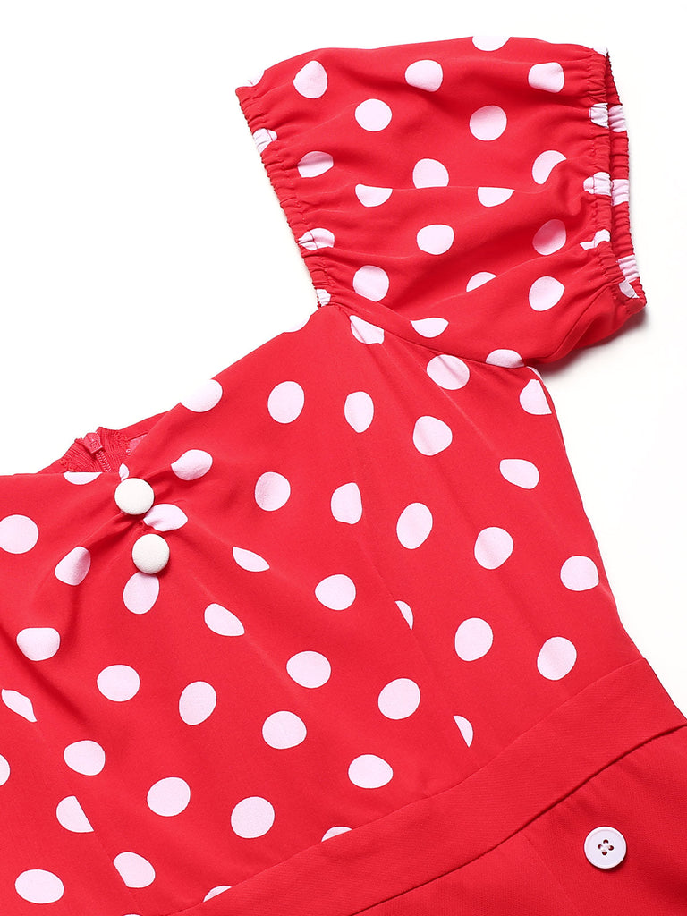 [Vorverkauf] Rot 1960er Polka Dots Knöpfen Puffärmel Kleid