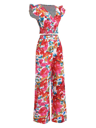 2PCS Rot 1970er Blumen Rüschen Gesmokt Top & Weites Bein Hosen