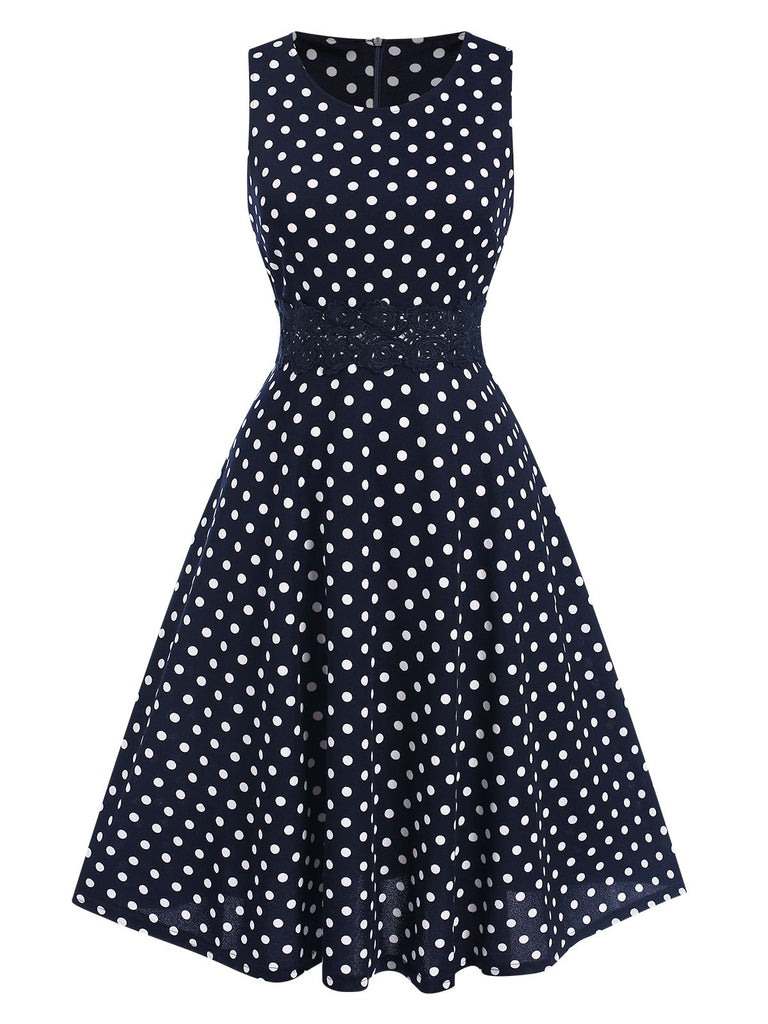 Blau 1940er Spitze Patchwork Polka Dots Kleid