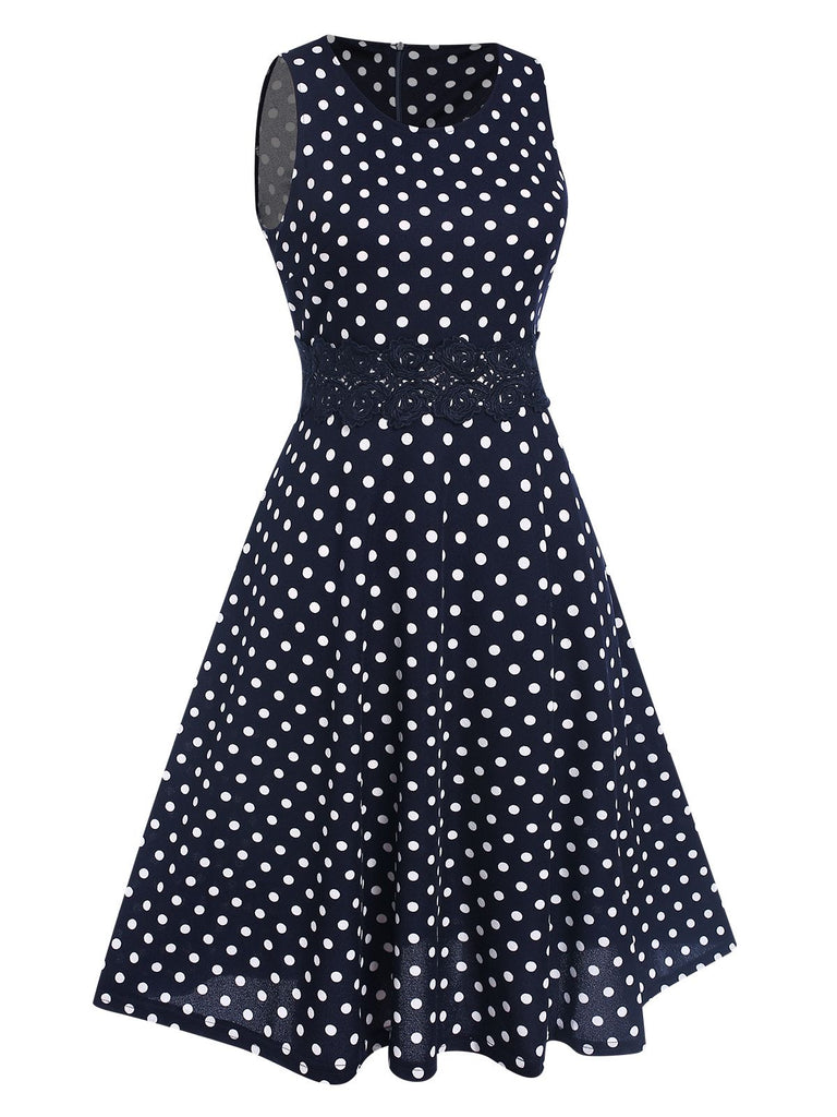 Blau 1940er Spitze Patchwork Polka Dots Kleid