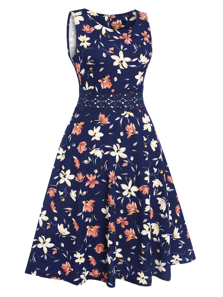 Tiefblau 1940er Blumen Ärmellos Kleid