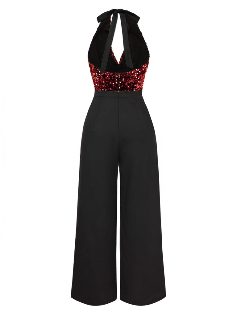 [Vorverkauf] Rot 1930er Wasserfallausschnitt Pailletten Jumpsuit