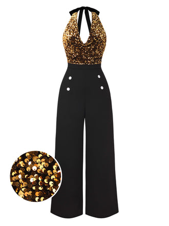 Gold 1930er Wasserfallausschnitt Pailletten Jumpsuit