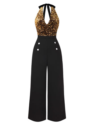 Gold 1930er Wasserfallausschnitt Pailletten Jumpsuit