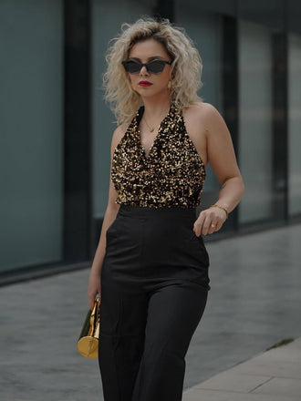 Gold 1930er Wasserfallausschnitt Pailletten Jumpsuit