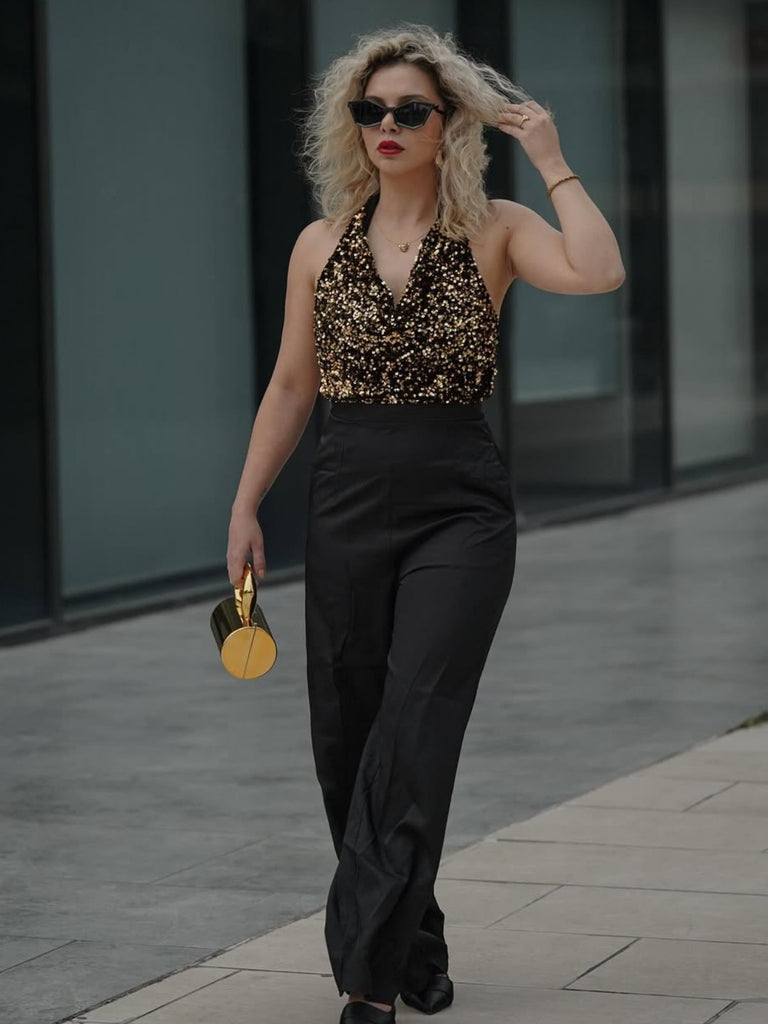 Gold 1930er Wasserfallausschnitt Pailletten Jumpsuit