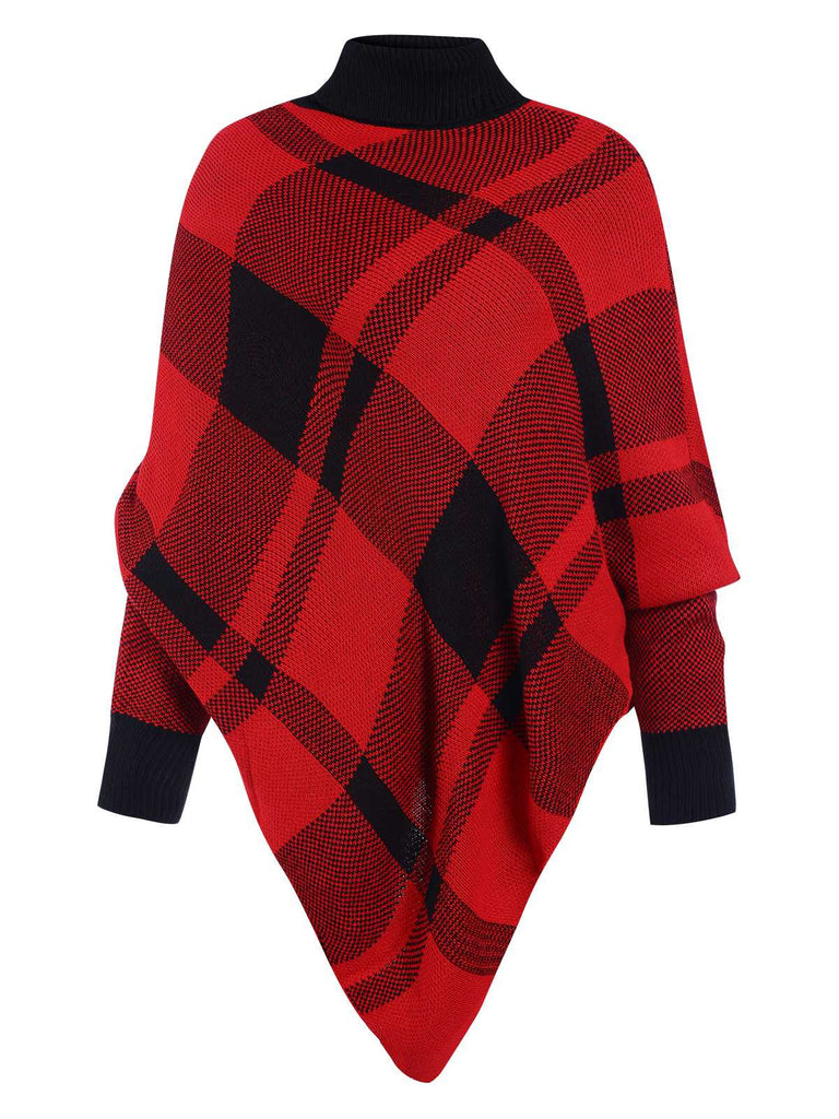 1950er Stehkragen Plaid Stricken Poncho Pullover