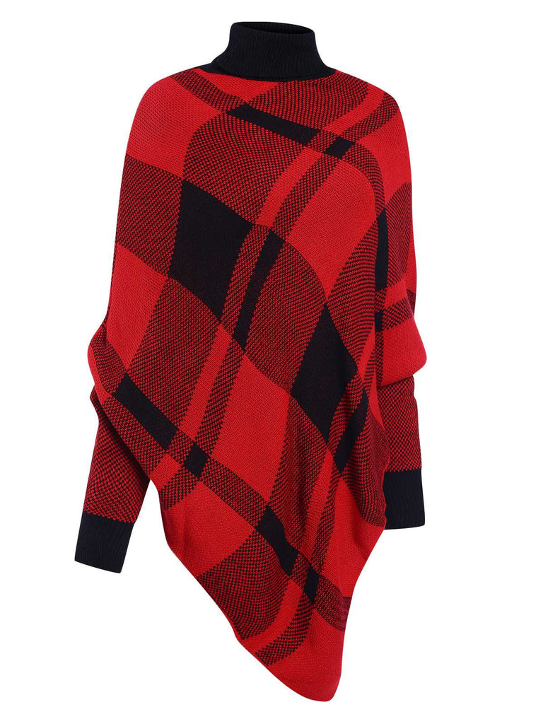 1950er Stehkragen Plaid Stricken Poncho Pullover