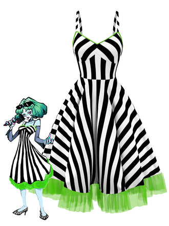 Schwarz & Weiß 1950er Beetlejuice Kostüm Streifen Fluoreszierend Grün Spitze Kleid
