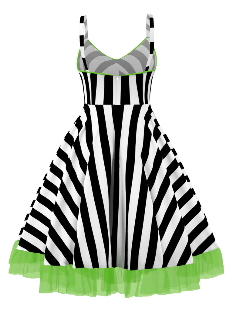 [Vorverkauf] [Übergröße] Schwarz 1950er Beetlejuice Kostüm Streifen Fluoreszierend Spitze Kleid