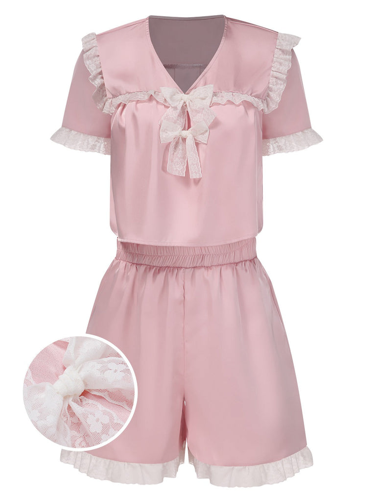 [Vorverkauf] Rosa 1950er Doll Collar Spitze Bogen Pyjama