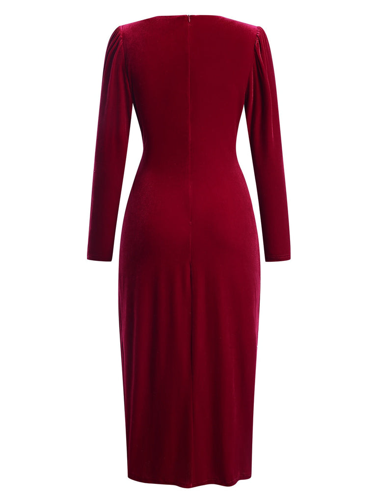 1960er Solide Twist V-Ausschnitt Samt Kleid