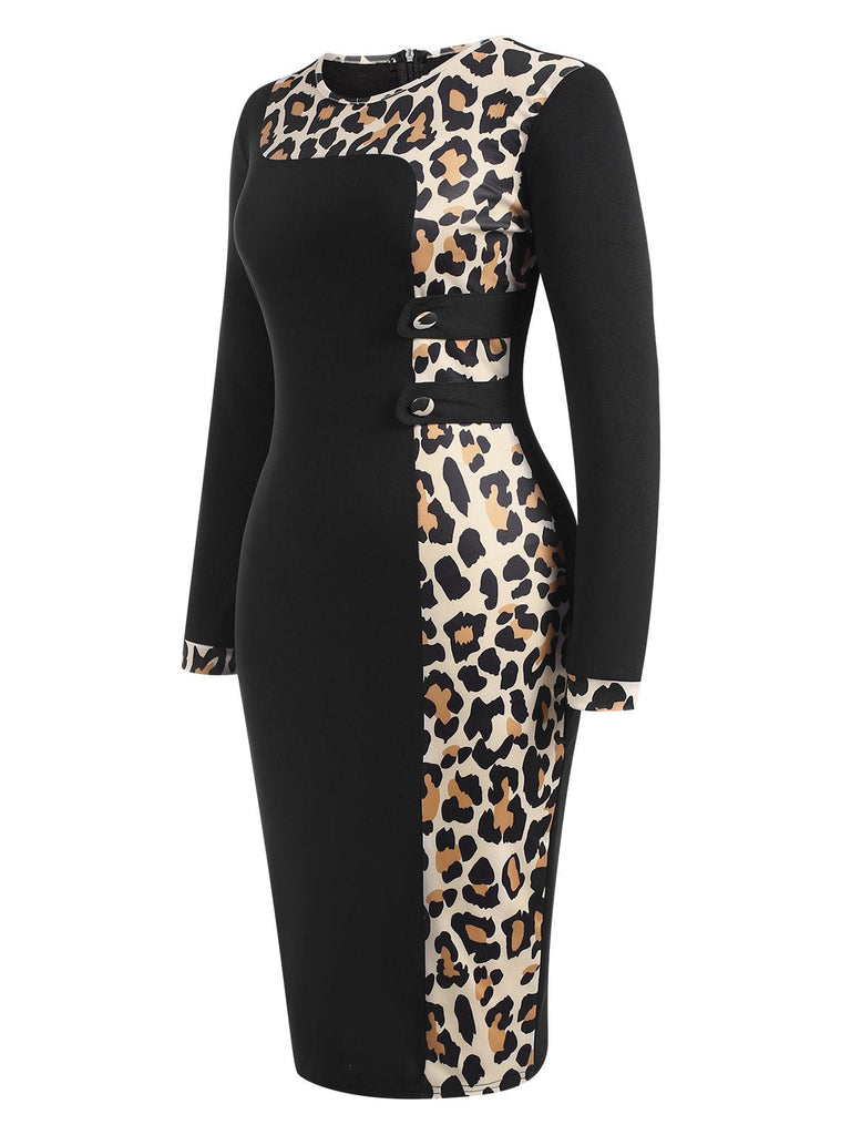 Schwarz 1960er Leopard Patchwork Bleistiftkleid